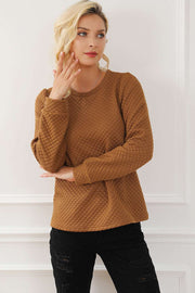 Brown Solid Color Quilted Puff Sleeve Pullover Sweatshirt