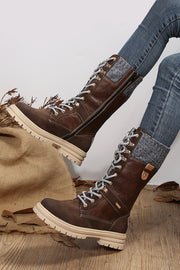 Wool Knit Lace-Up Leather Boots