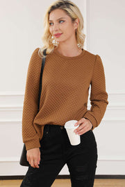 Brown Solid Color Quilted Puff Sleeve Pullover Sweatshirt