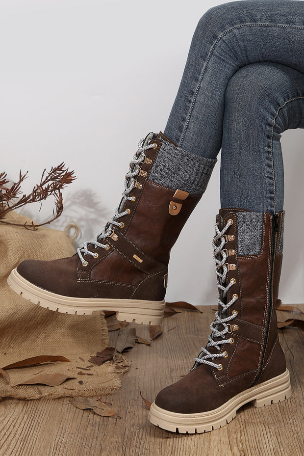 Wool Knit Lace-Up Leather Boots