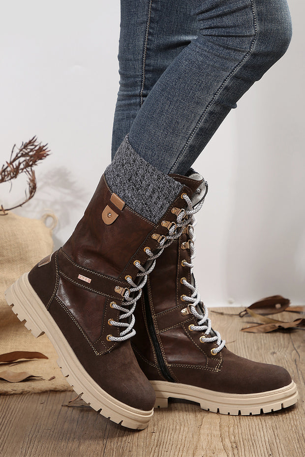 Wool Knit Lace-Up Leather Boots