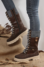 Wool Knit Lace-Up Leather Boots