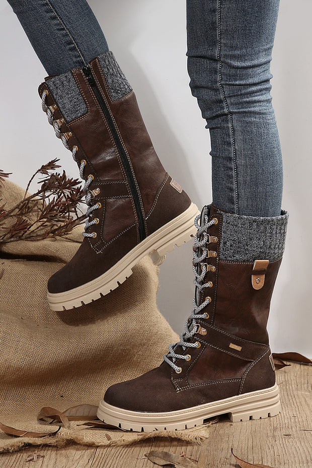 Wool Knit Lace-Up Leather Boots