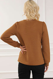 Brown Solid Color Quilted Puff Sleeve Pullover Sweatshirt