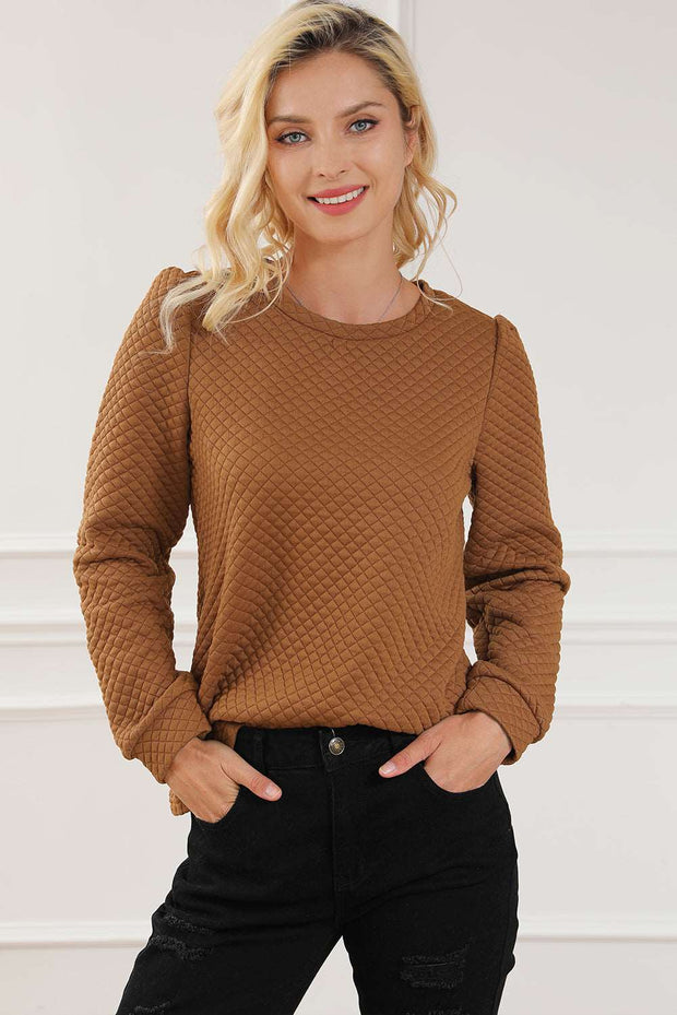 Brown Solid Color Quilted Puff Sleeve Pullover Sweatshirt