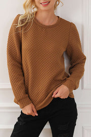 Brown Solid Color Quilted Puff Sleeve Pullover Sweatshirt