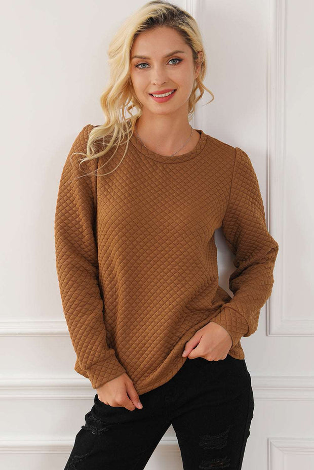 Brown Solid Color Quilted Puff Sleeve Pullover Sweatshirt
