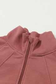 Brown Zip Up Stand Collar Ribbed Thumbhole Sleeve Sweatshirt