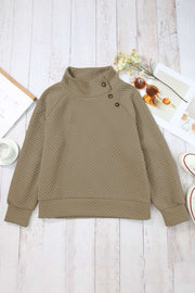 Apricot Quilted Buttoned Neckline Stand Neck Pullover Sweatshirt