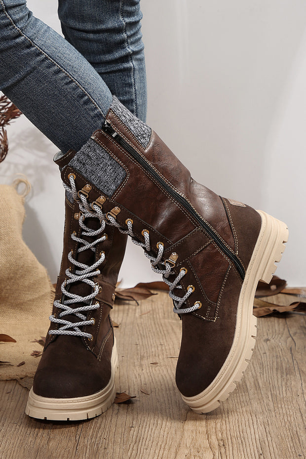 Wool Knit Lace-Up Leather Boots
